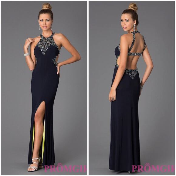 Betsy & Adam Maxi Dress Jewel Open Back Homecoming Prom Sparkle Long Formal Gown - Picture 1 of 13
